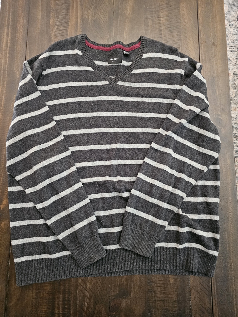 Haggar Dark Gray & Light Gray Striped V-Neck Sweater with Maroon Trim